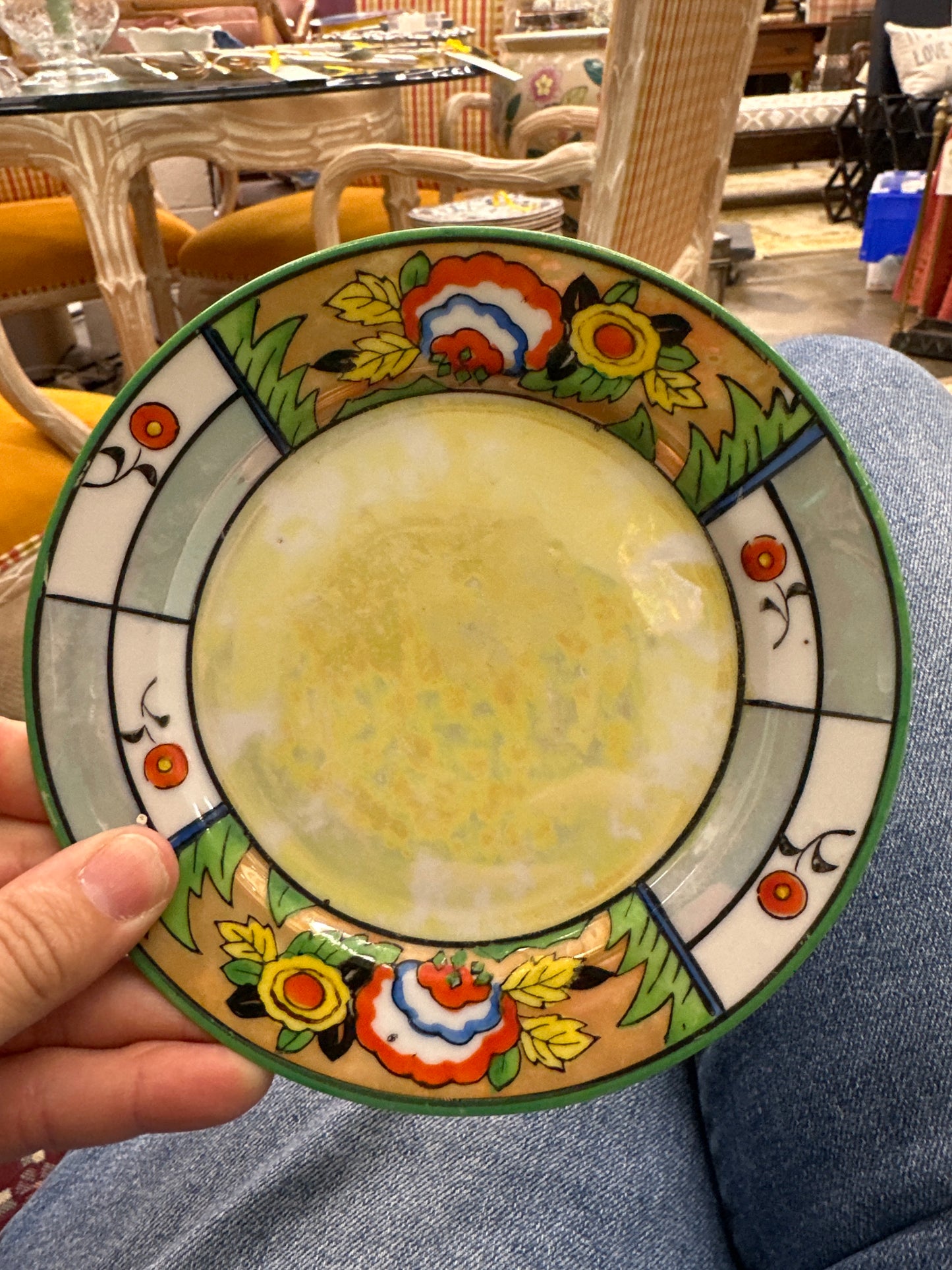 Vtg Japanese Art Deco Hand Painted Plates Set 3 Geometric Floral 1920s Japan Export