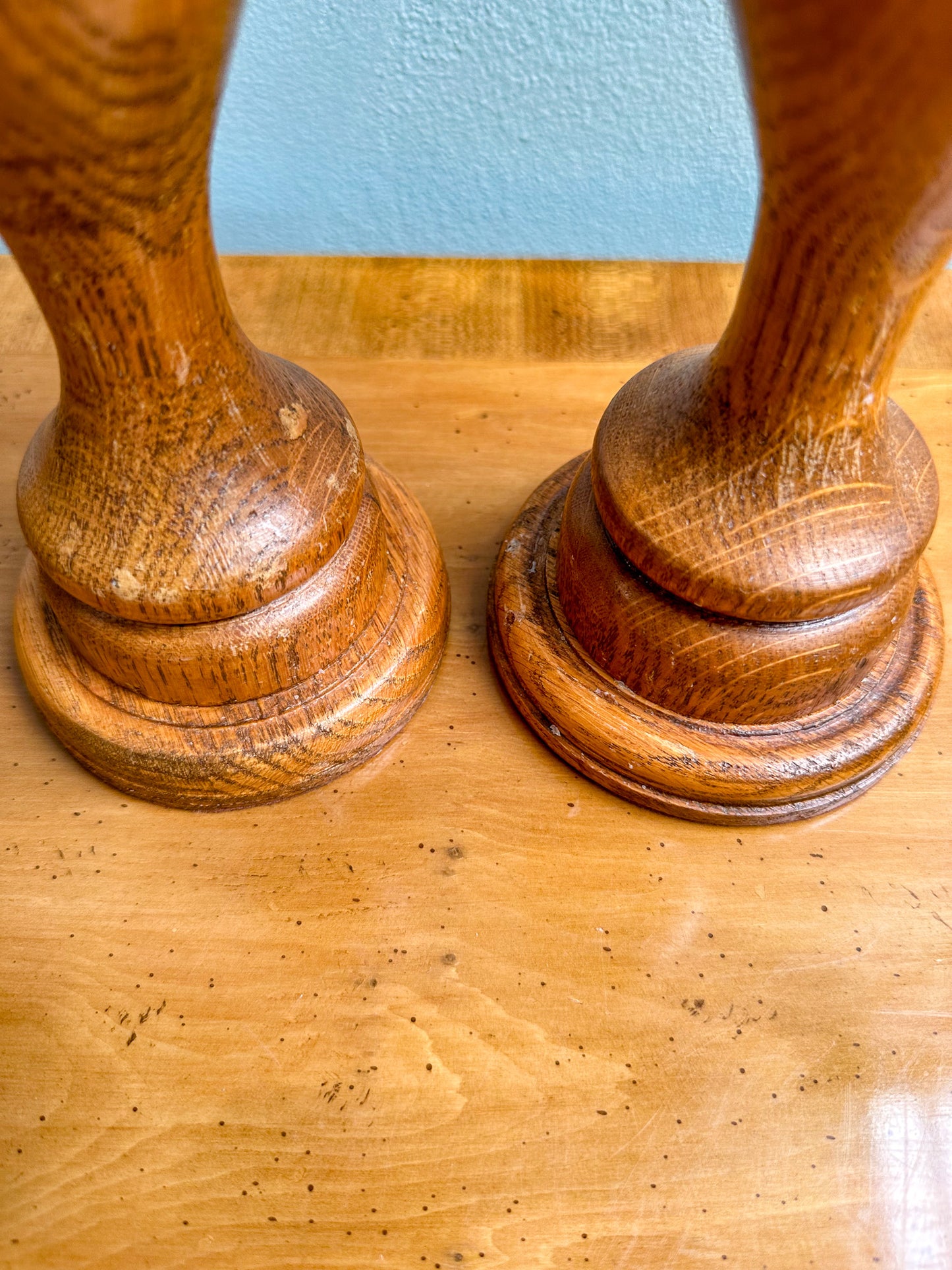 Vintage Oak Wood Curvy Candlestick Holders