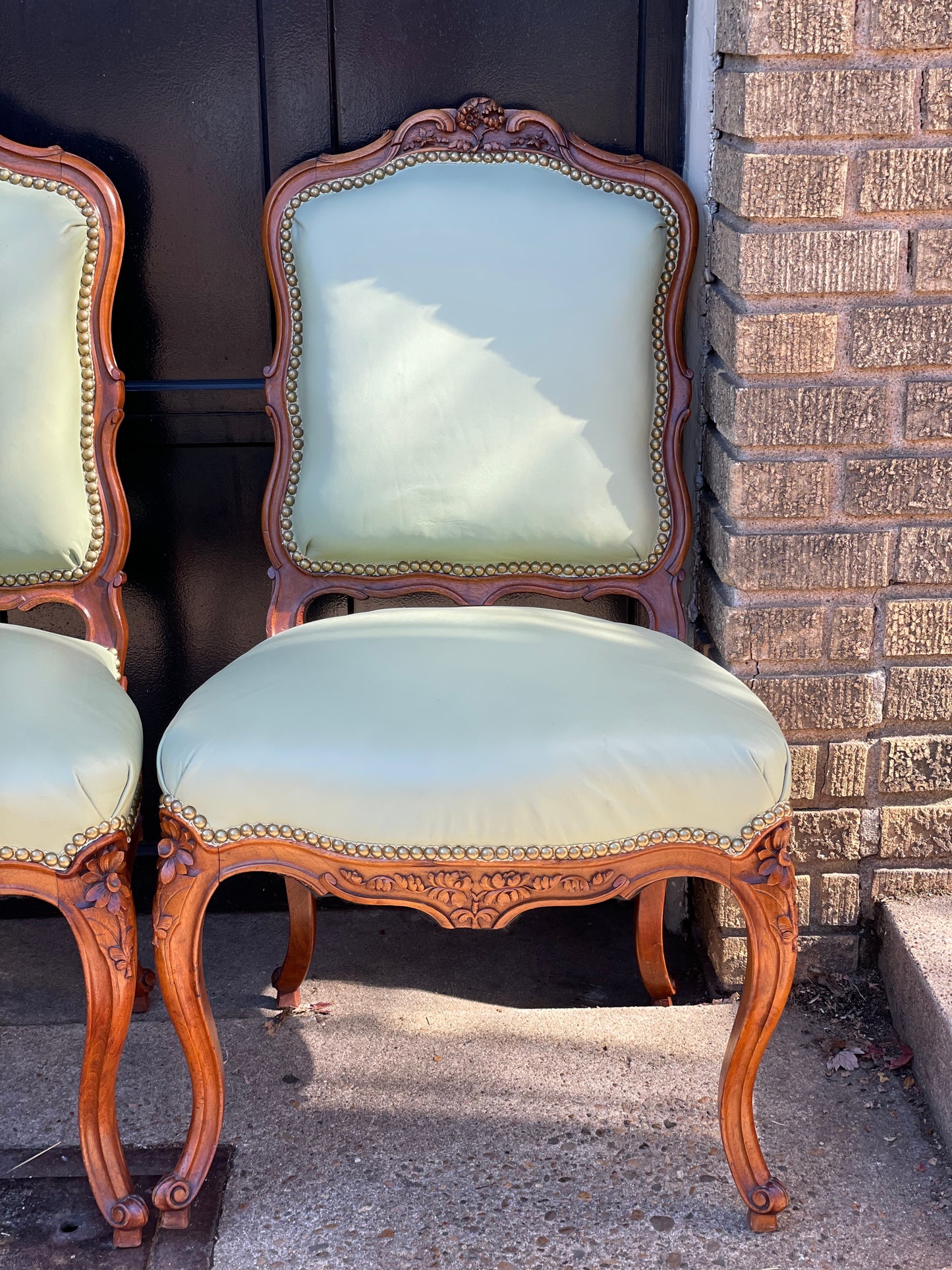 Antique chairs upholstered in pistachio leather, Louis XV