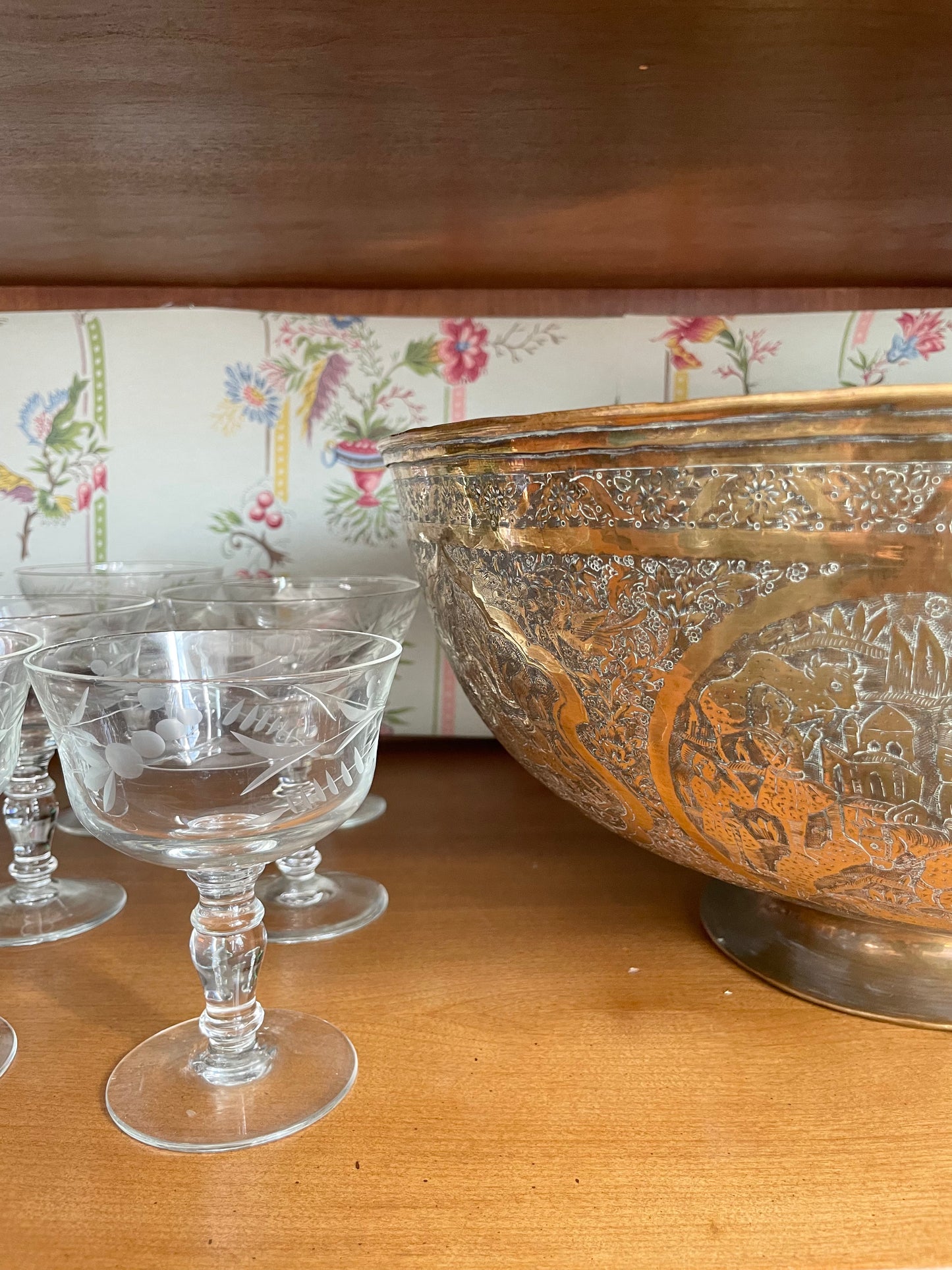 Vintage Footed Engraved Brass Bowl
