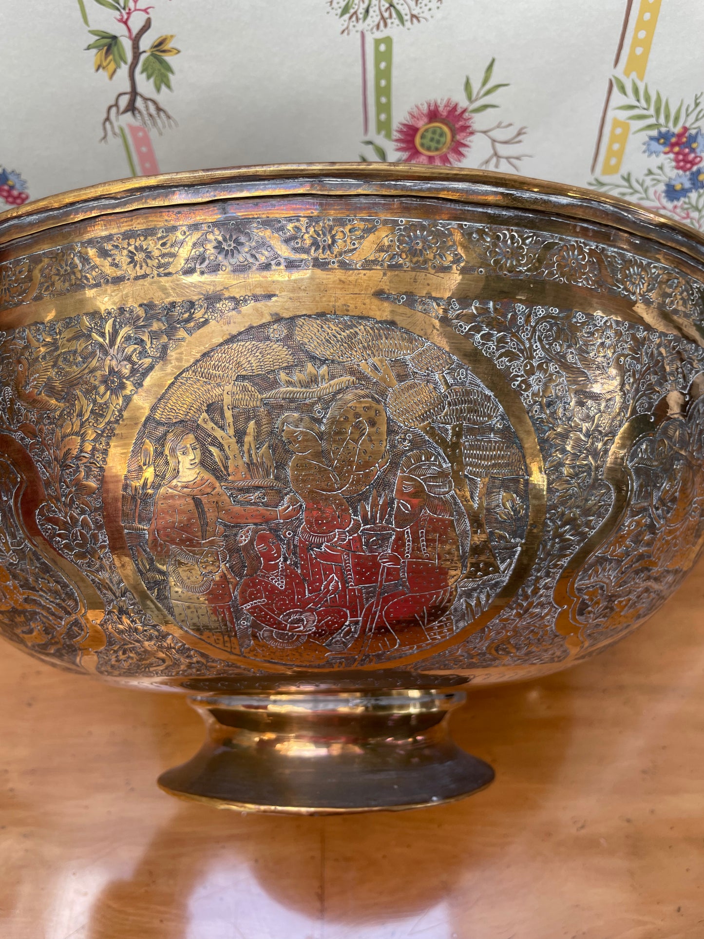Vintage Footed Engraved Brass Bowl