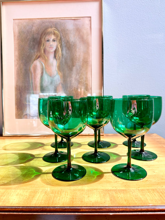 Green Crystal Wine Glasses attributed to Ralph Lauren, set of 8