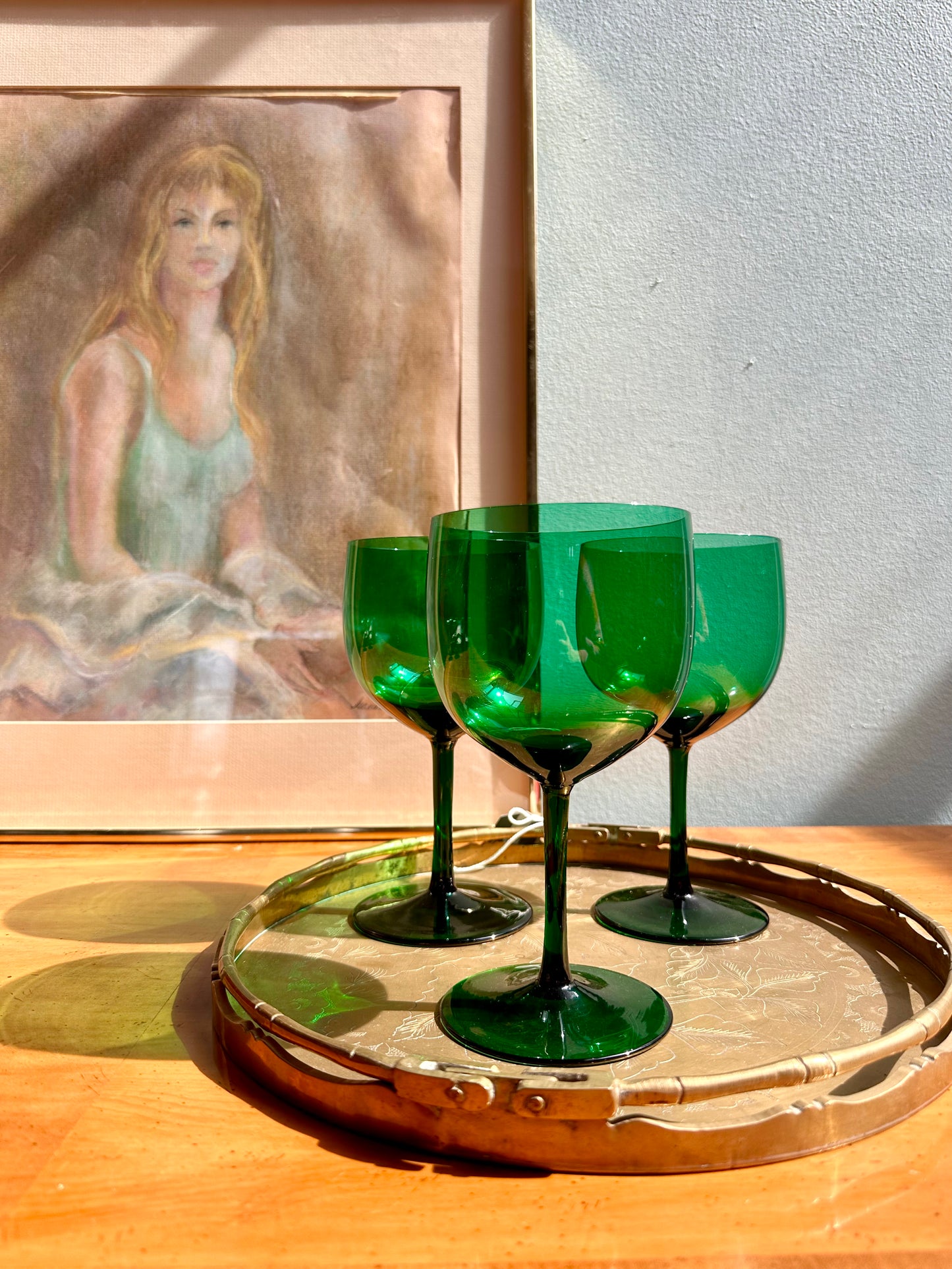 Green Crystal Wine Glasses attributed to Ralph Lauren, set of 8