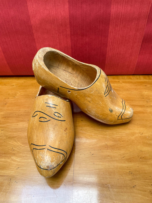 Vintage Dutch Wooden Shoes With A Black Design