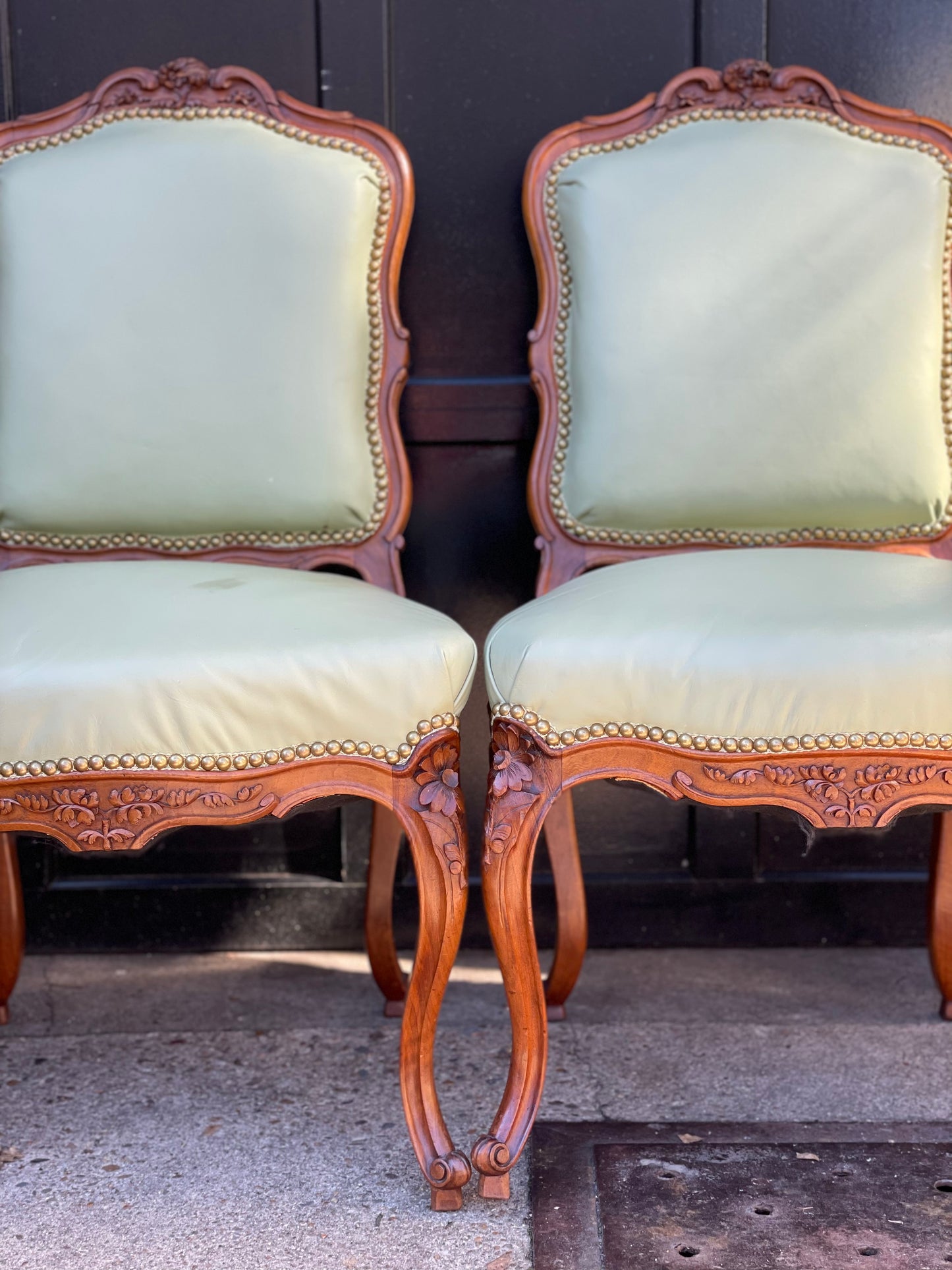 Antique chairs upholstered in pistachio leather, Louis XV