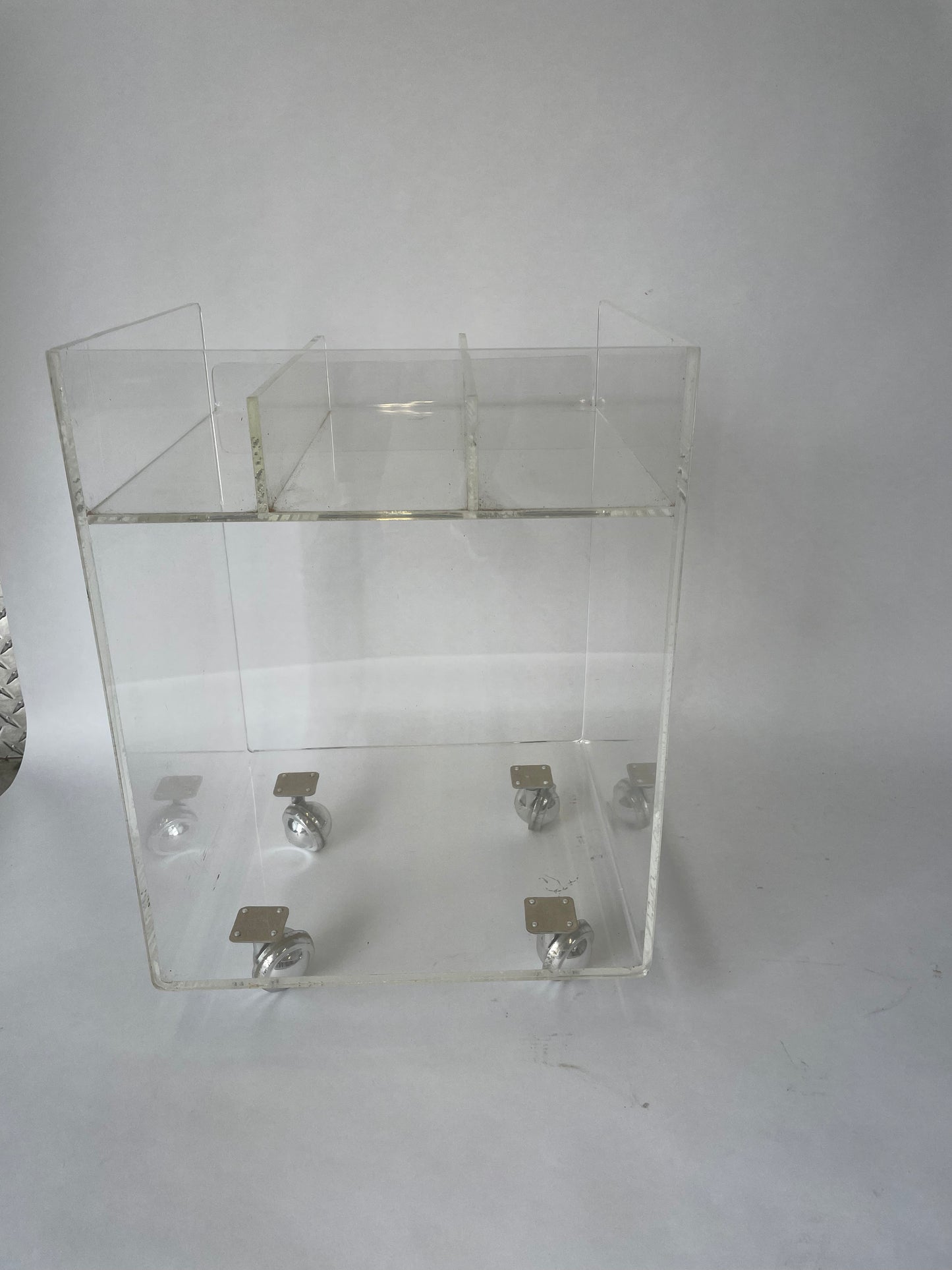 Lucite record and storage organizer on wheels