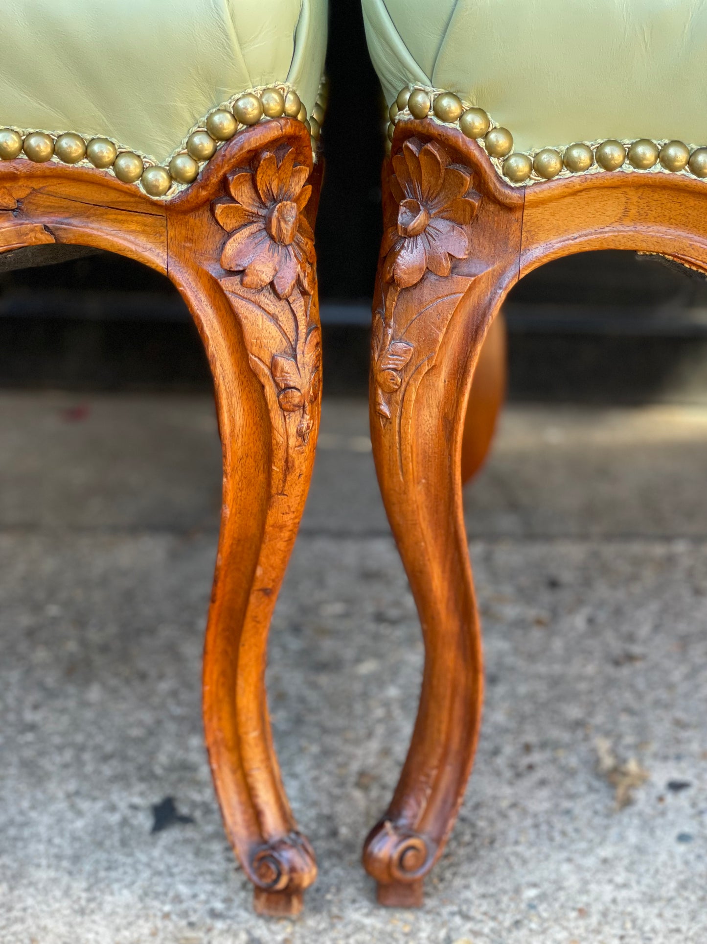 Antique chairs upholstered in pistachio leather, Louis XV